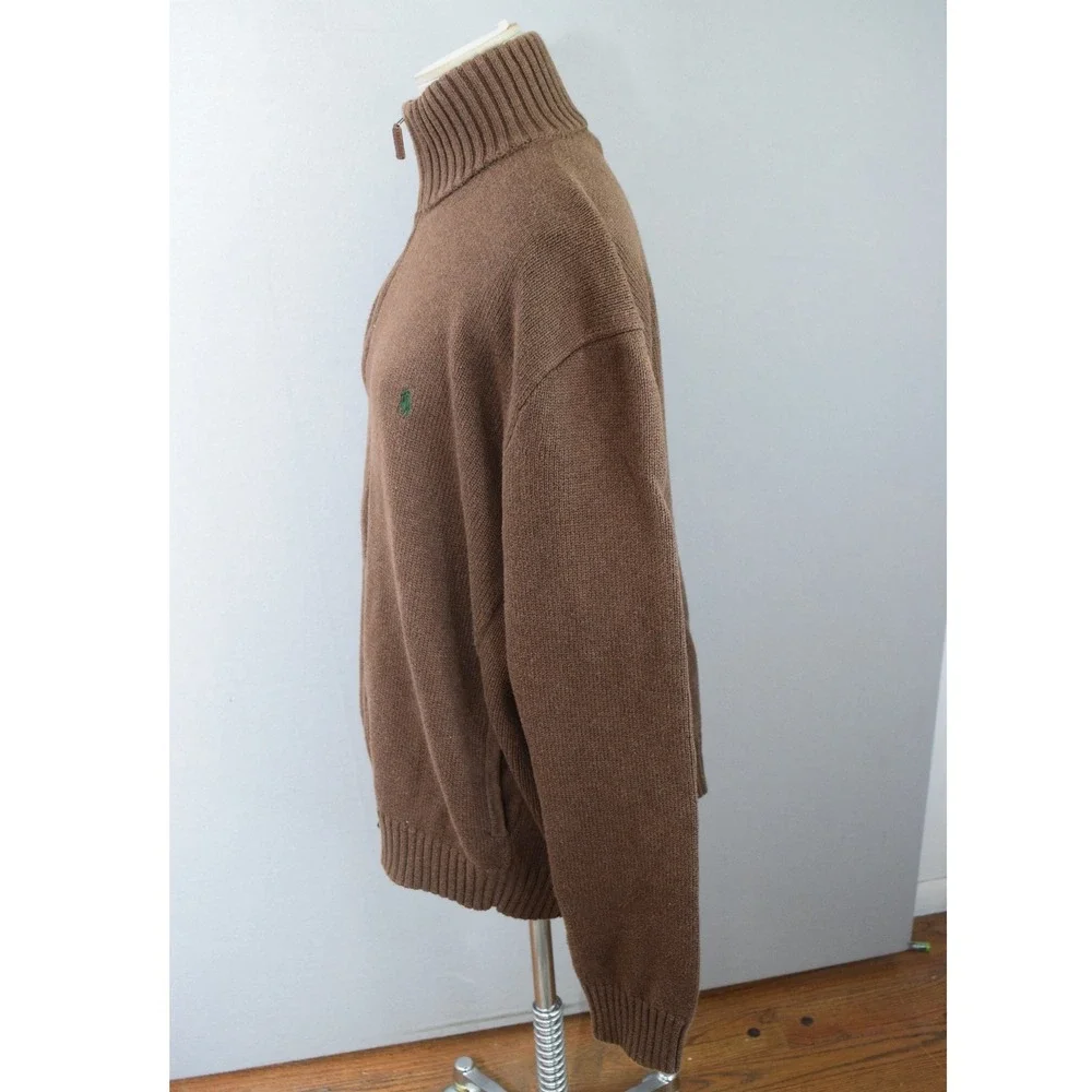 Polo Ralph Lauren Full Zip Sweater XXL Brown Cotton Mock Neck Mens Pony Logo